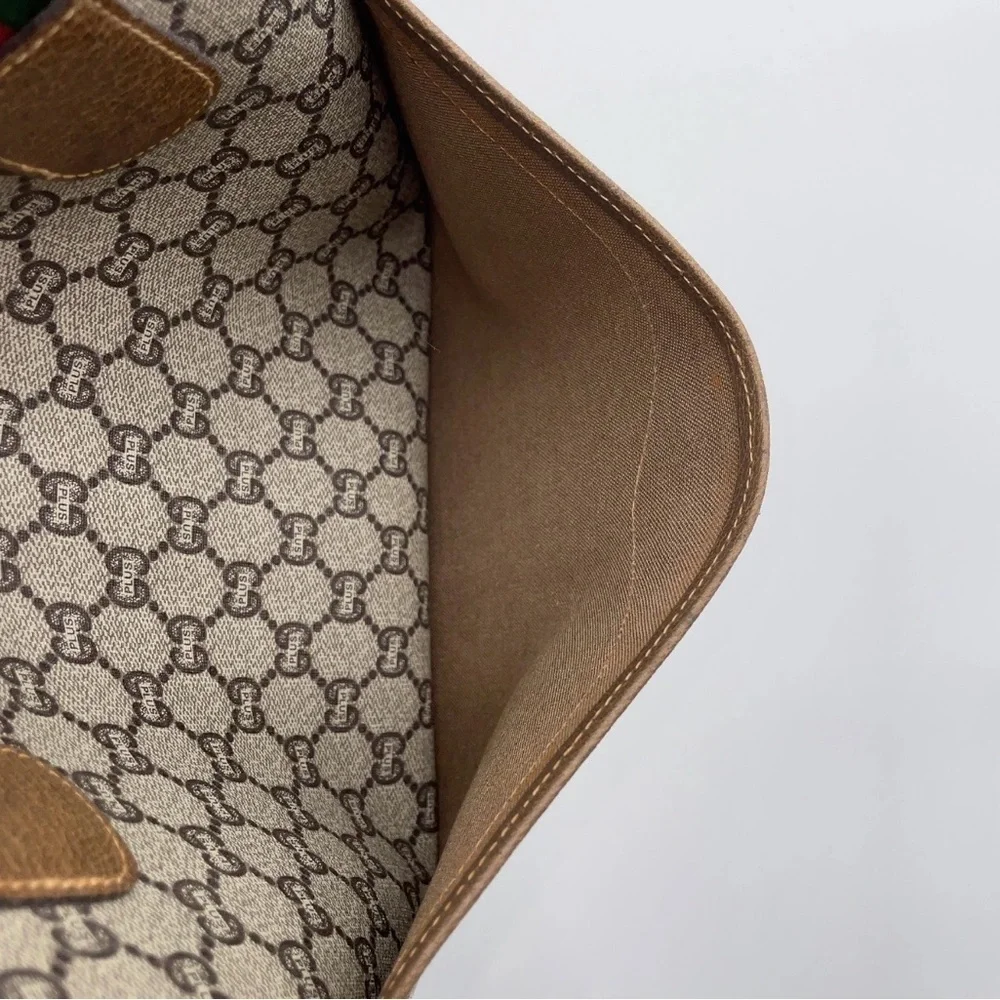 Auth Gucci GG Plus Beige Sherry Line PVC x Leather Brown Tote Bag